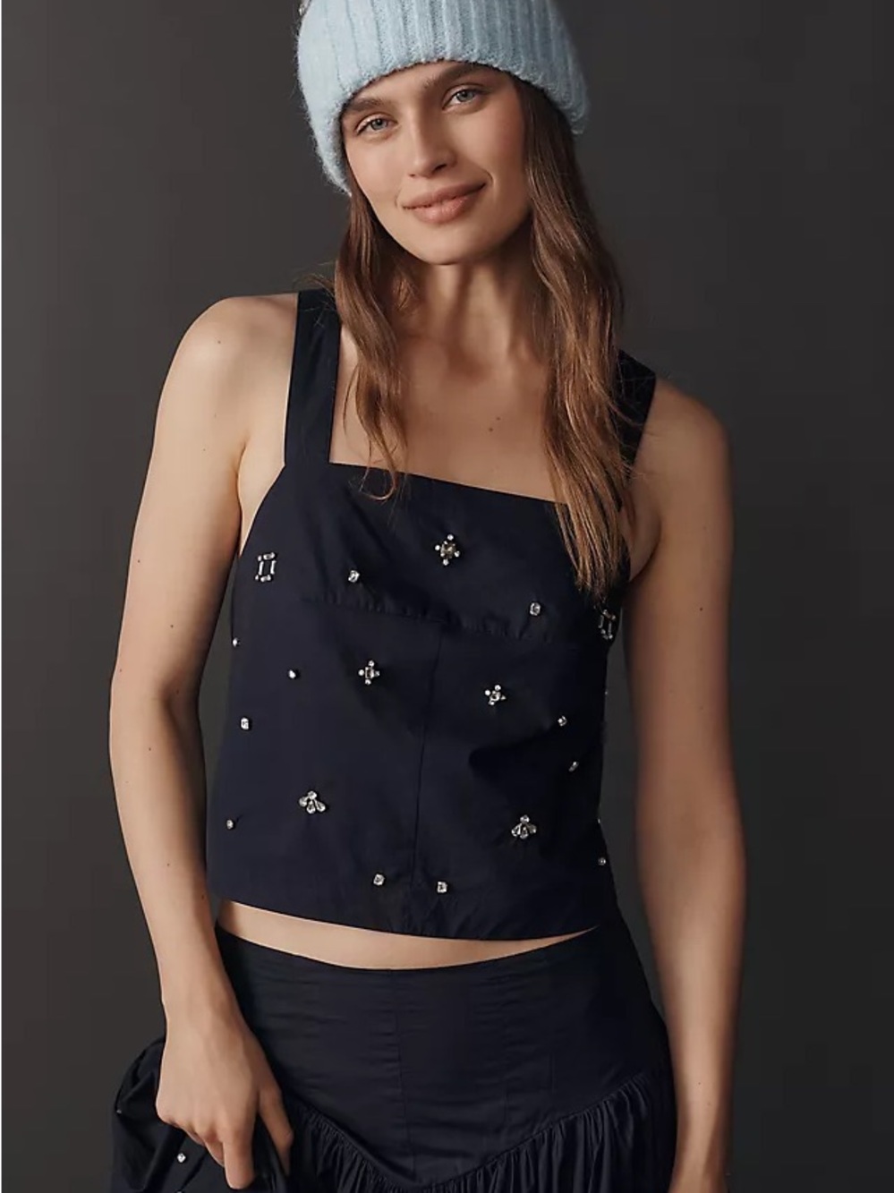 Anthropologie Maeve Sleeveless Embellished Blouse Square-Neck Navy Blue Tank Top